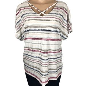 Chicos Zenergy Top V-Neckline White Striped Tee